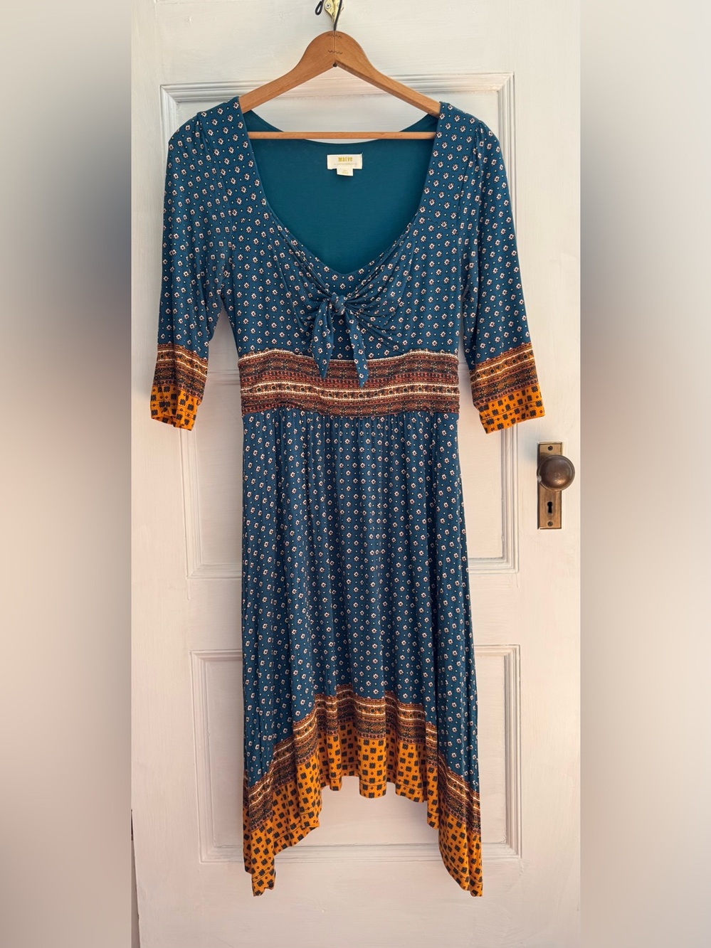 Maeve Boho Tie-Front Midi Dress in Teal and Mustard